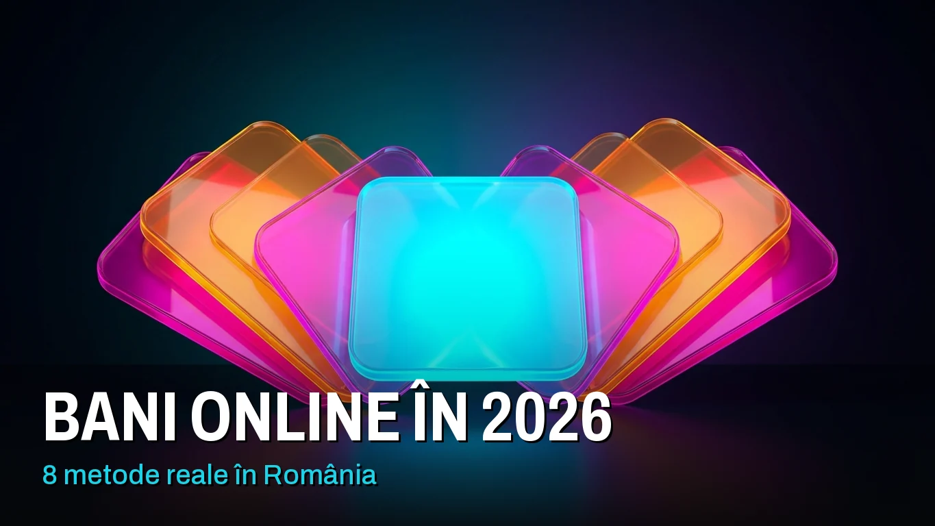 Cum să faci bani online: opt plăci luminoase așezate în evantai, cea din mijloc cyan și scoasă în față. Peste imagine scrie „Bani online în 2026: 8 metode reale în România”.