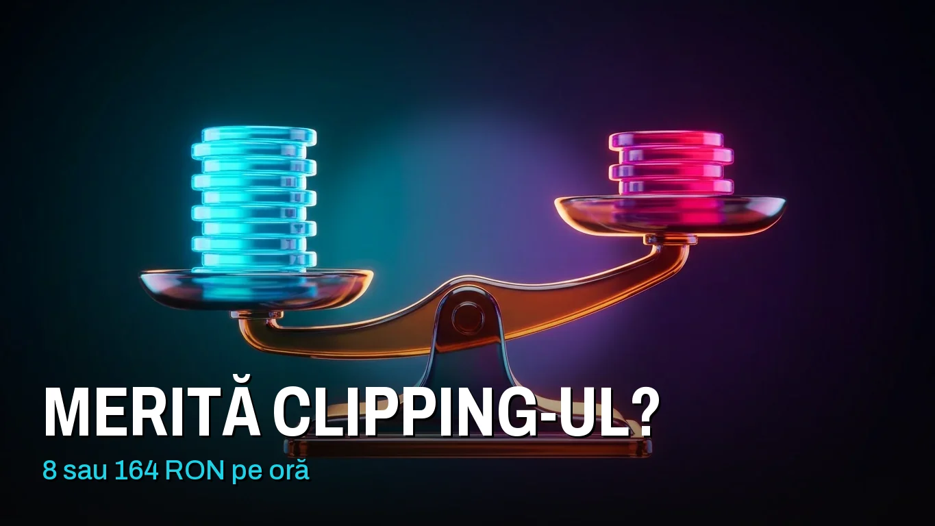 O balanță înclinată, cu un teanc înalt de discuri cyan pe talerul coborât și unul scurt de discuri roz pe cel ridicat. Peste ea scrie „Merită clipping-ul? 8 sau 164 RON pe oră”.