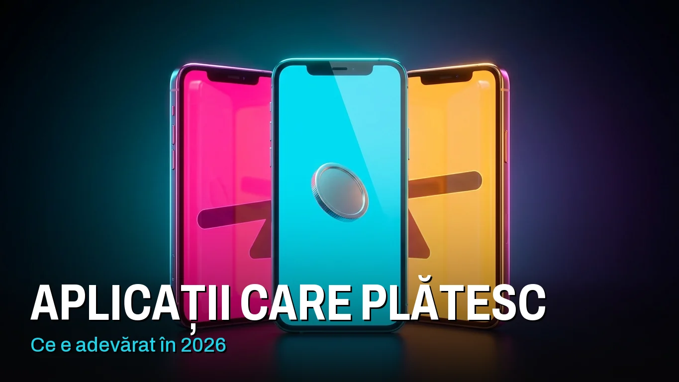 Aplicații care plătesc bani reali: trei telefoane luminoase, cel din mijloc cyan, cu o monedă reală deasupra ecranului. Peste imagine scrie „Aplicații care plătesc: ce e adevărat în 2026”.