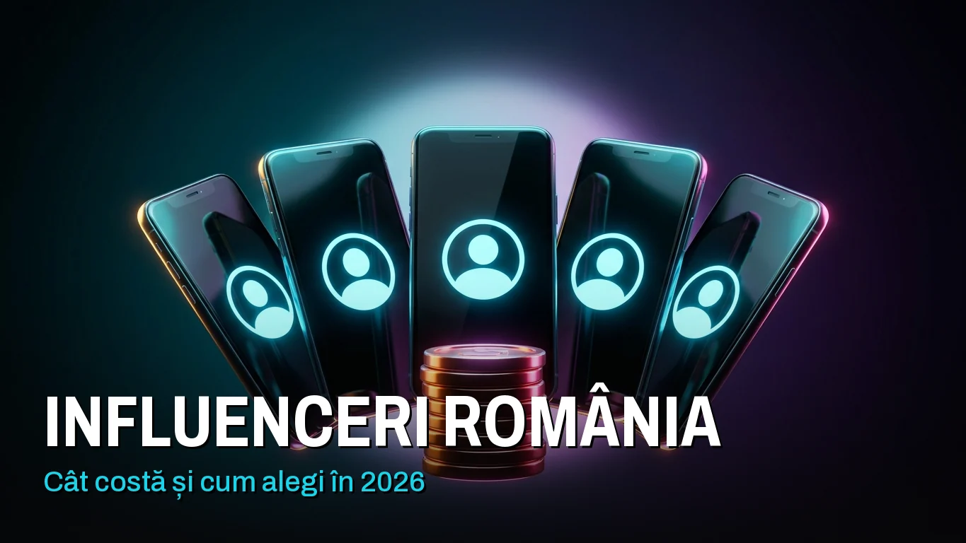 Influenceri România: mai multe telefoane așezate în evantai, fiecare cu un cerc de profil luminos, și un teanc de monede în față. Peste imagine scrie „Influenceri România: cât costă și cum alegi în 2026”.