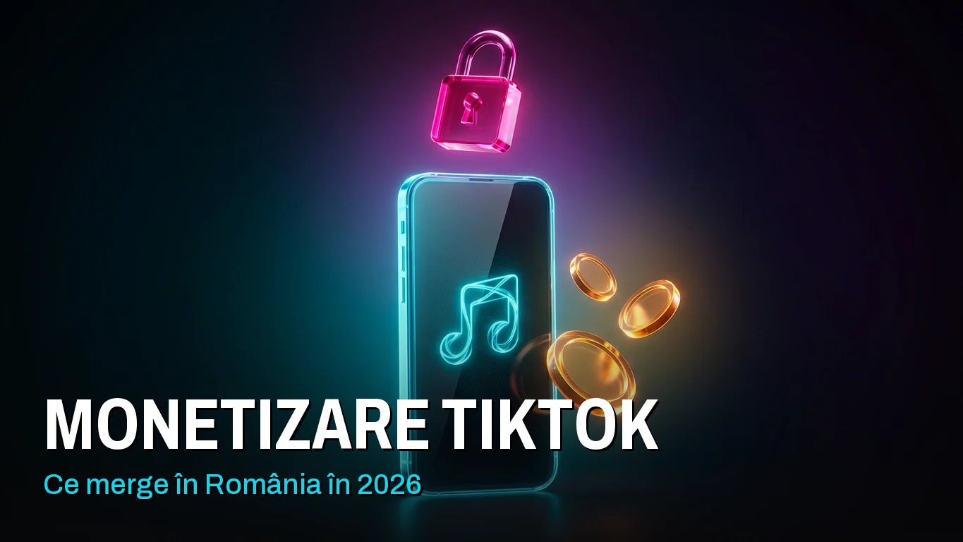 Monetizare TikTok în România: un telefon luminos, cu un lacăt închis deasupra și câteva monede care plutesc lângă el. Peste imagine scrie „Monetizare TikTok: ce merge în România în 2026”.