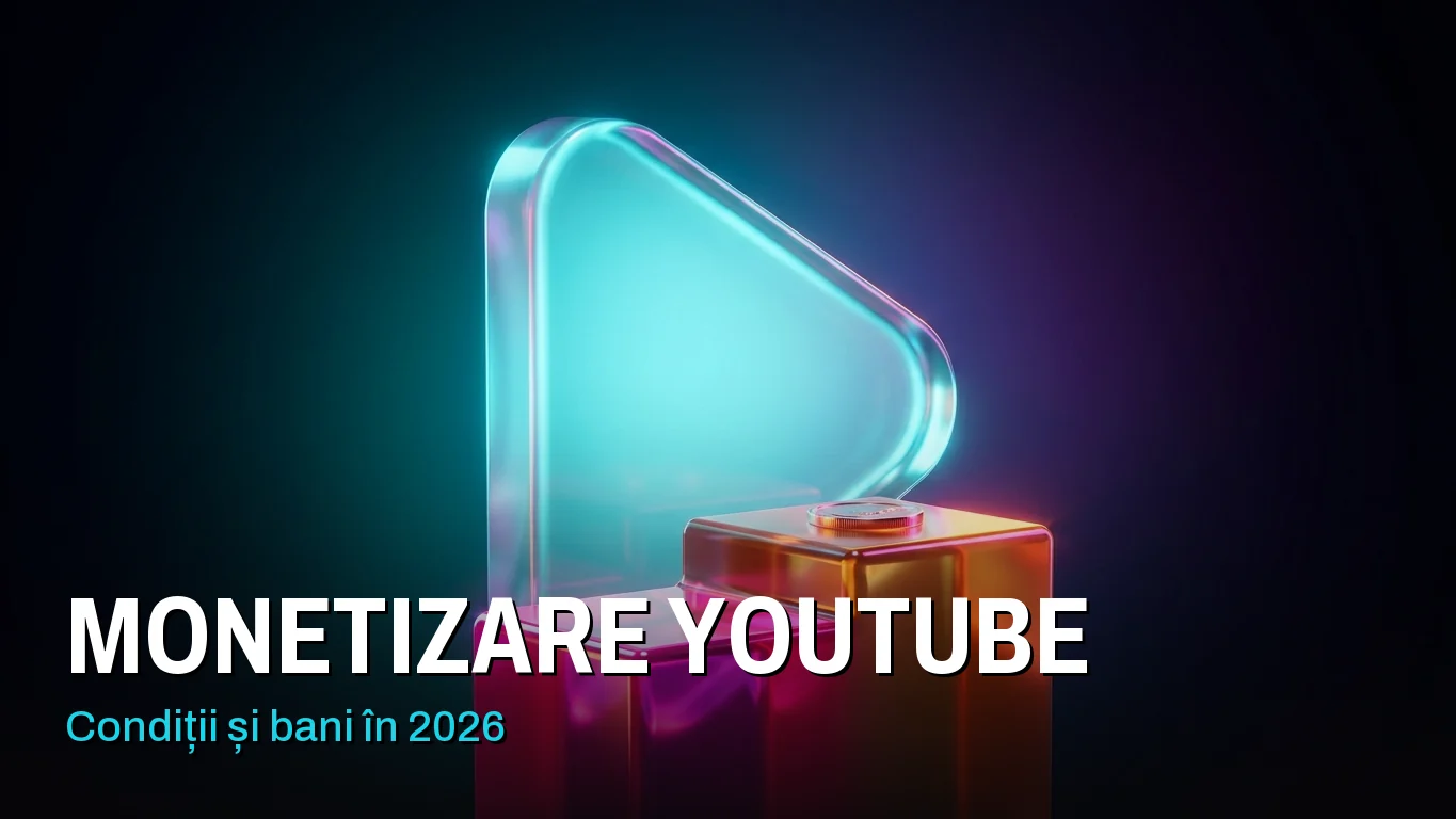 Monetizare YouTube: un buton de redare luminos, cu două trepte în față, una mai joasă și una mai înaltă cu o monedă pe ea. Peste imagine scrie „Monetizare YouTube: condiții și bani în 2026”.