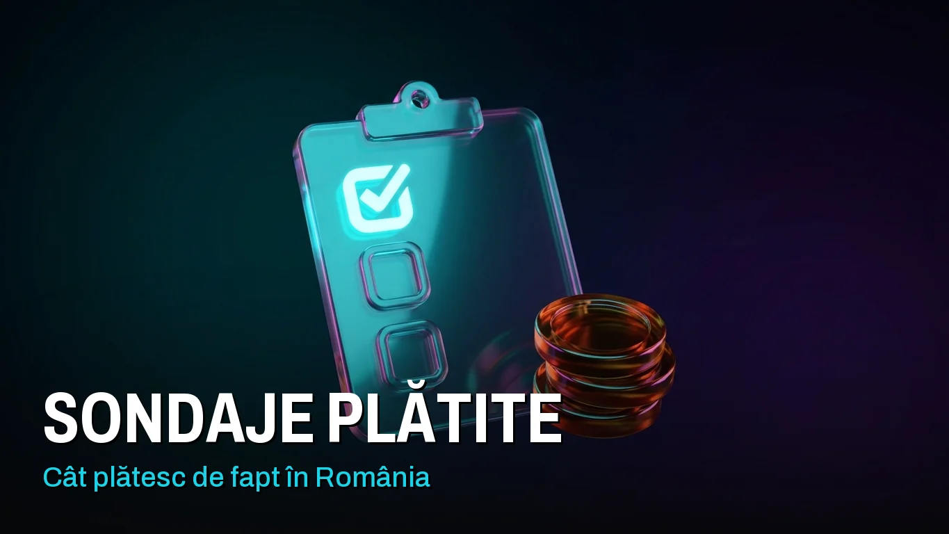 Sondaje plătite în România: un formular luminos cu o căsuță bifată în cyan și un teanc mic de monede aurii alături. Peste imagine scrie „Sondaje plătite: cât plătesc de fapt în România”.