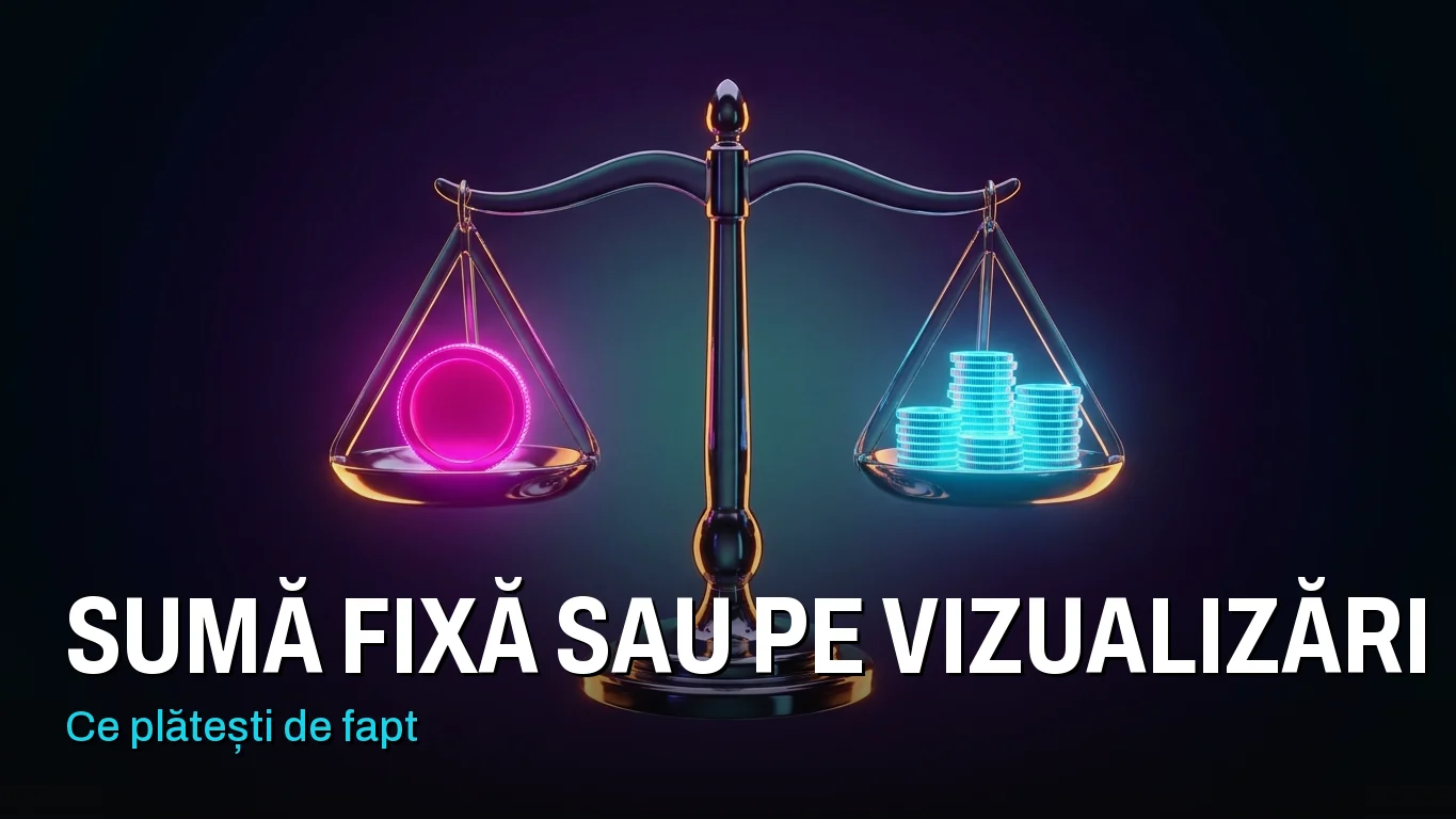 Influenceri România, costul real: o balanță cu o singură monedă mare pe un taler și multe monede mici, egale, pe celălalt. Peste imagine scrie „Sumă fixă sau plată pe vizualizări: ce plătești de fapt”.