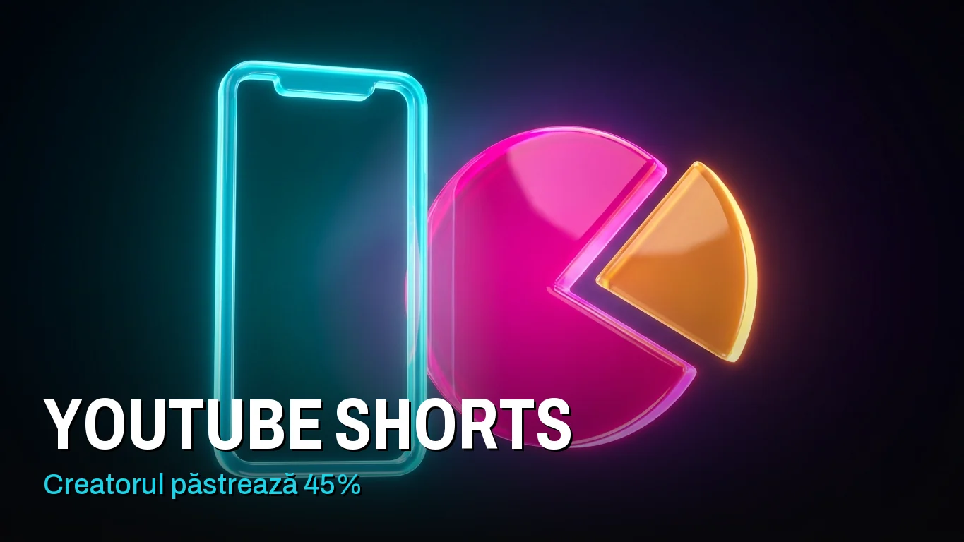 Monetizare YouTube pentru Shorts: un cadru vertical de telefon lângă o plăcintă din care iese o felie de puțin sub jumătate. Peste imagine scrie „YouTube Shorts: creatorul păstrează 45%”.