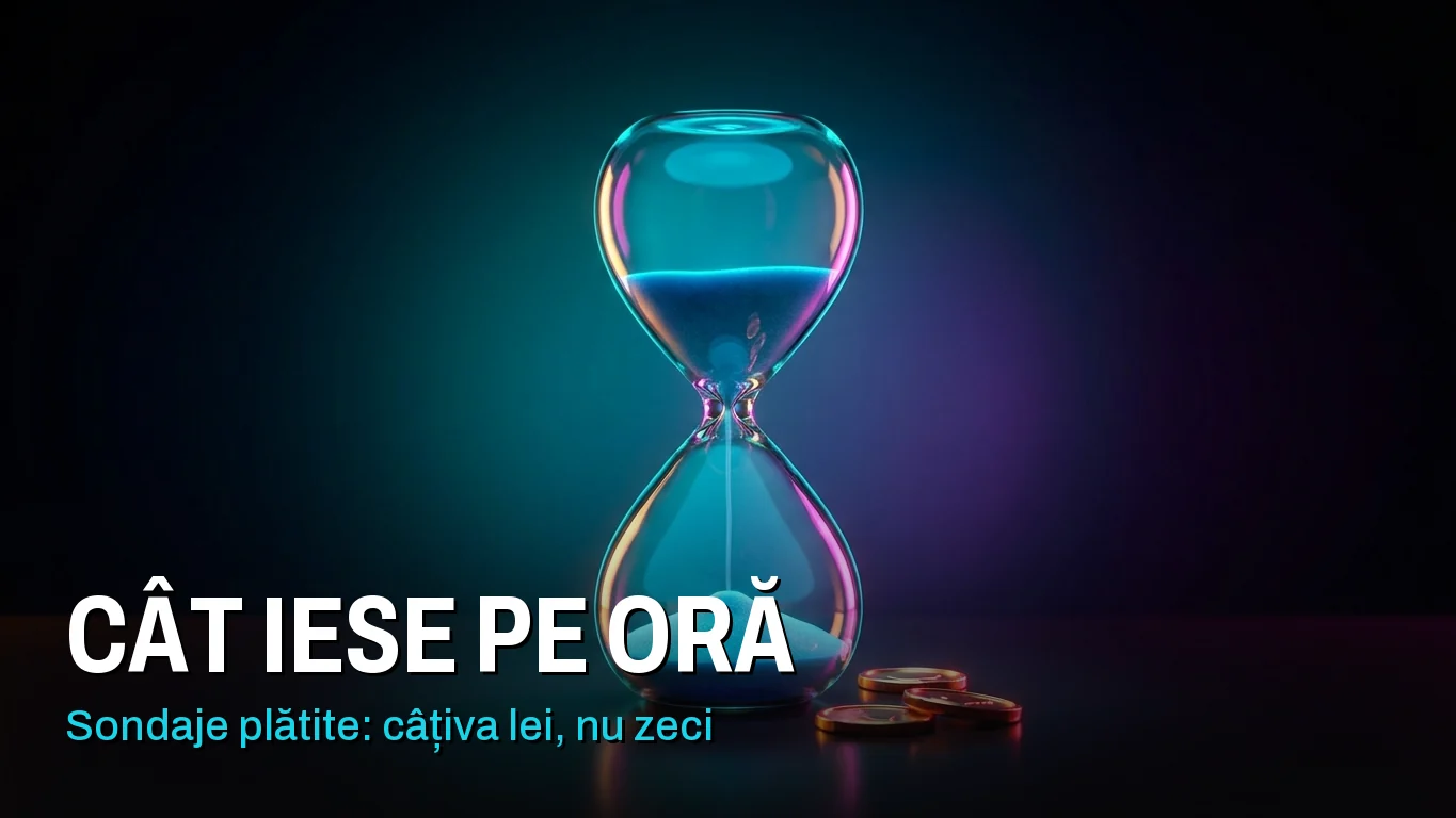 Sondaje plătite pe oră: o clepsidră mare, cyan, lângă doar trei monede mici. Peste imagine scrie „Cât iese pe oră: sondaje plătite, câțiva lei, nu zeci”.