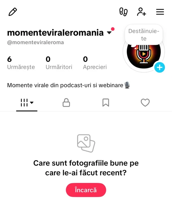 Profil TikTok nou, cu numele și bio-ul despre momente din podcasturi
